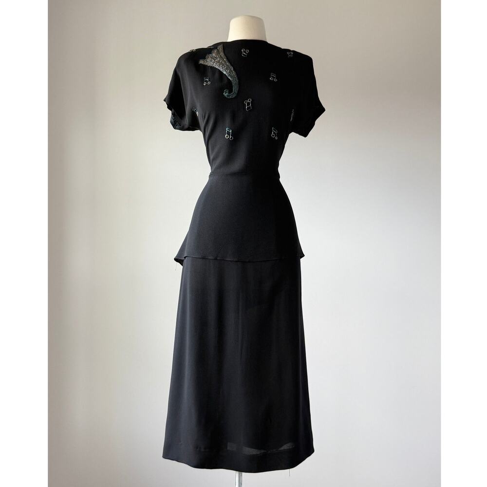 Vintage 1940s Black Beaded Music Notes Novelty Dress by Apex LARGE LG